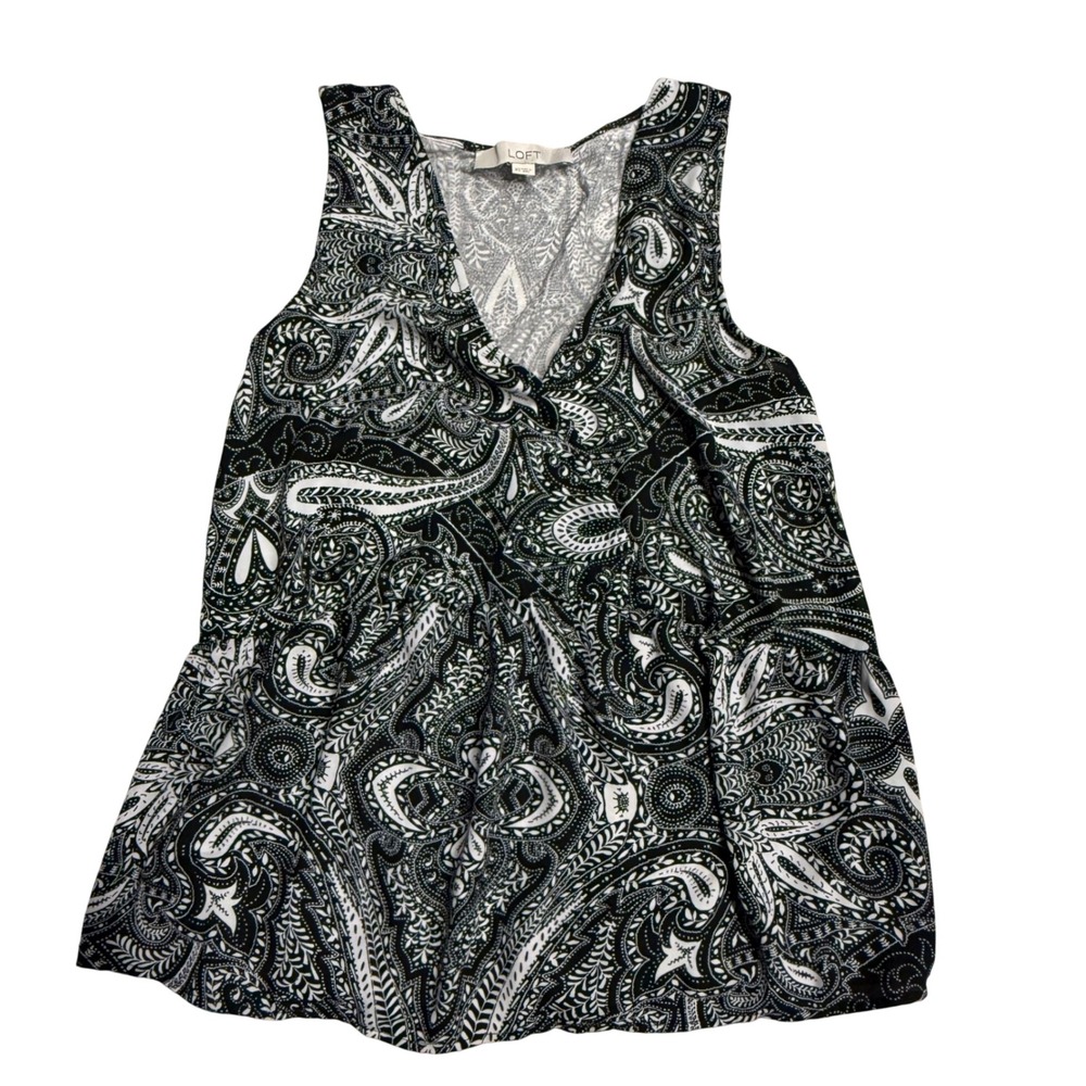 LOFT Paisley Print‎ Tank Top Sleeveless Blouse Casual Black White XS